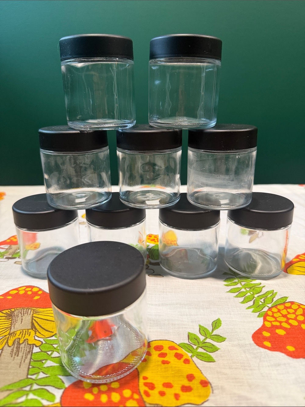 Set of 10 Small 4 oz. Clear Glass Jars with Black Lids Stash Storage
